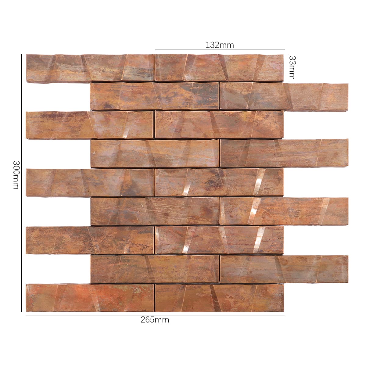 Antique copper 3D long strip mosaic tile front view