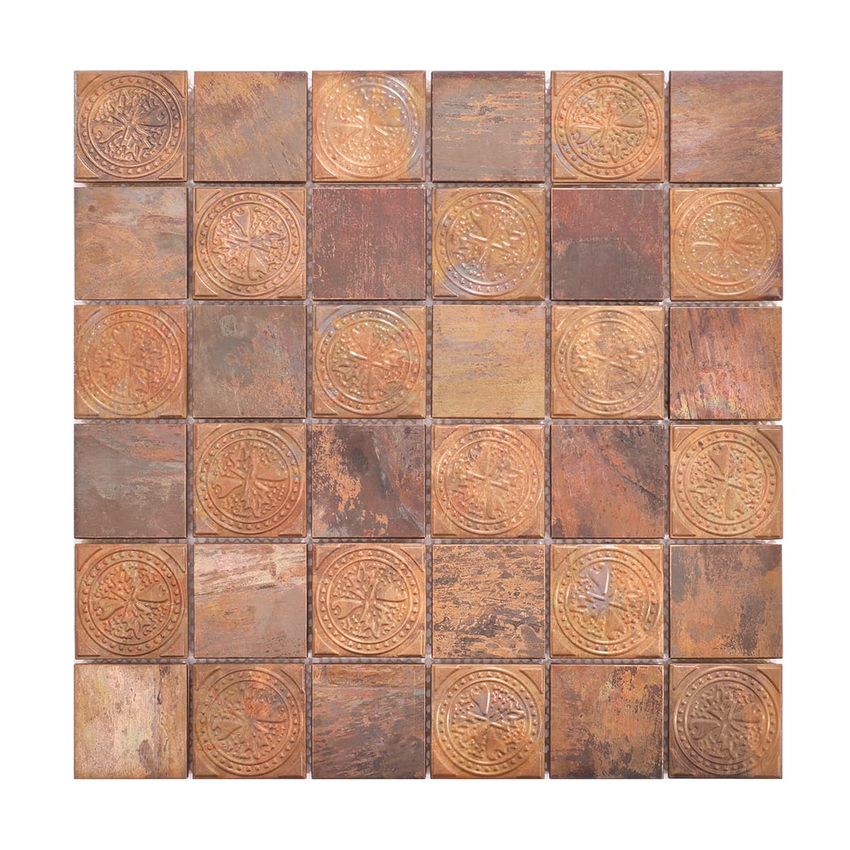 Antique copper mosaic tile sheet with matte and embossed textures
