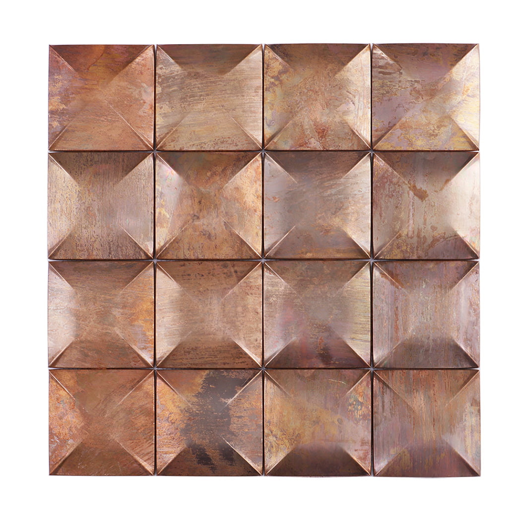 Front view of vintage 3D antique copper metal mosaic tile with aged texture.