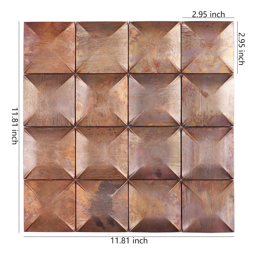 Vintage 3D antique copper metal mosaic tile with size measurements shown.