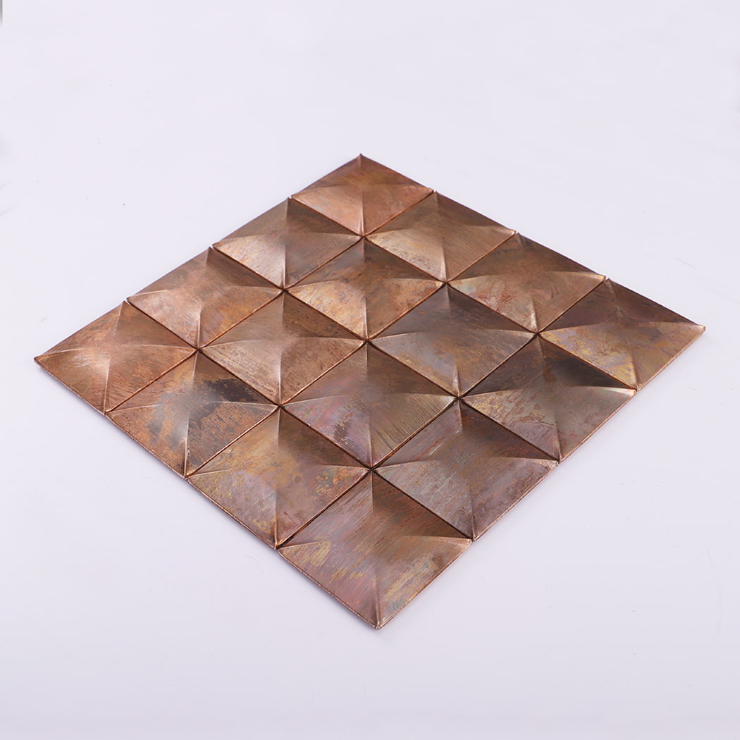 Layout display of vintage 3D antique copper metal mosaic wall tile.