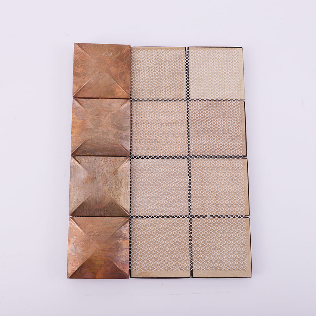 Back mesh view of vintage 3D antique copper metal mosaic tile sheet.