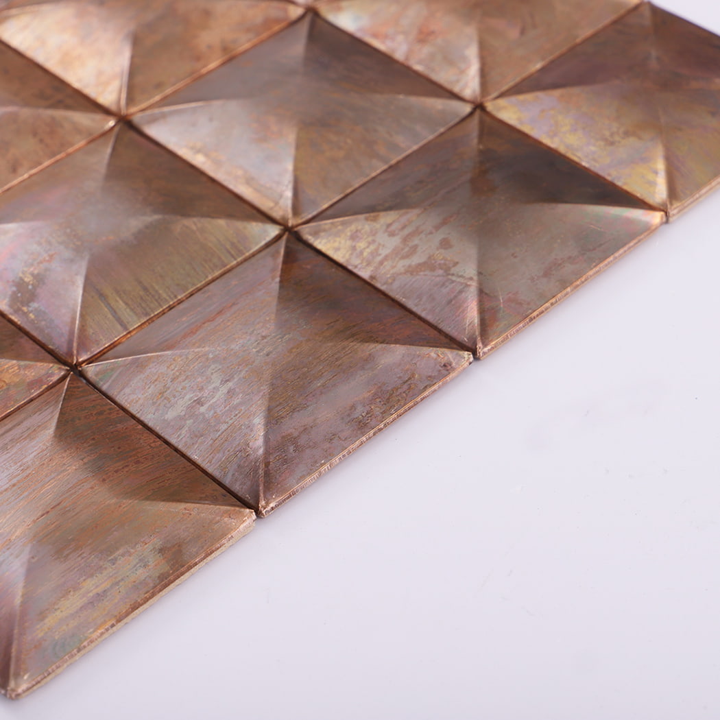 Side angle view of vintage 3D antique copper metal mosaic tile panel.