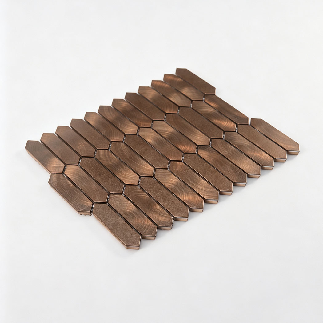Angled studio display of antiqued copper elongated picket mosaic