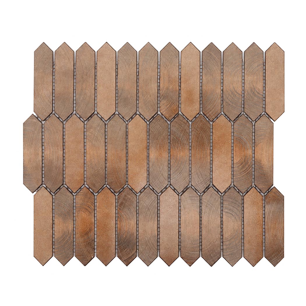 Flat top view of antiqued copper aluminum picket mosaic sheet