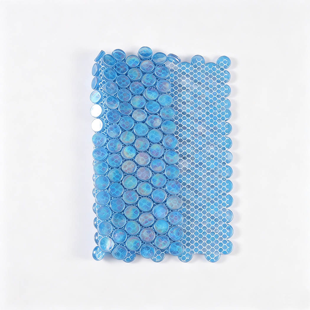 Mesh backing of aqua blue iridescent round glass mosaic tile sheet