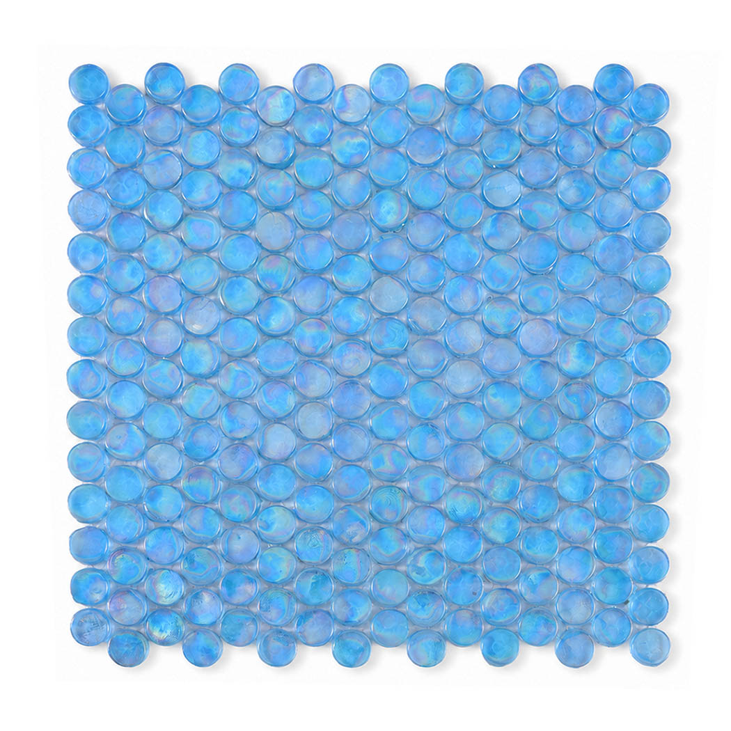 Aqua blue iridescent round glass mosaic tile sheet on a white background