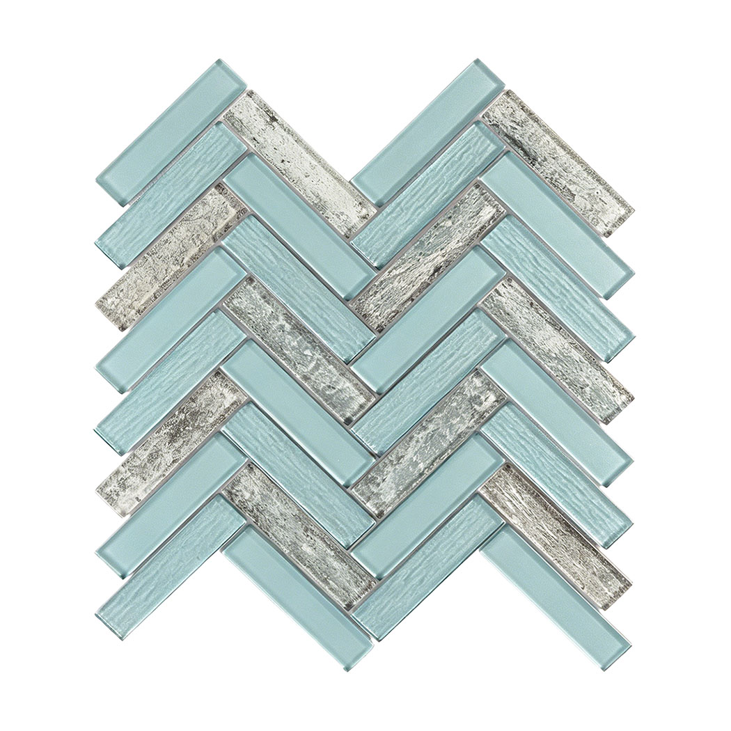 Aqua blue and gray glass herringbone mosaic tile sheet on white background