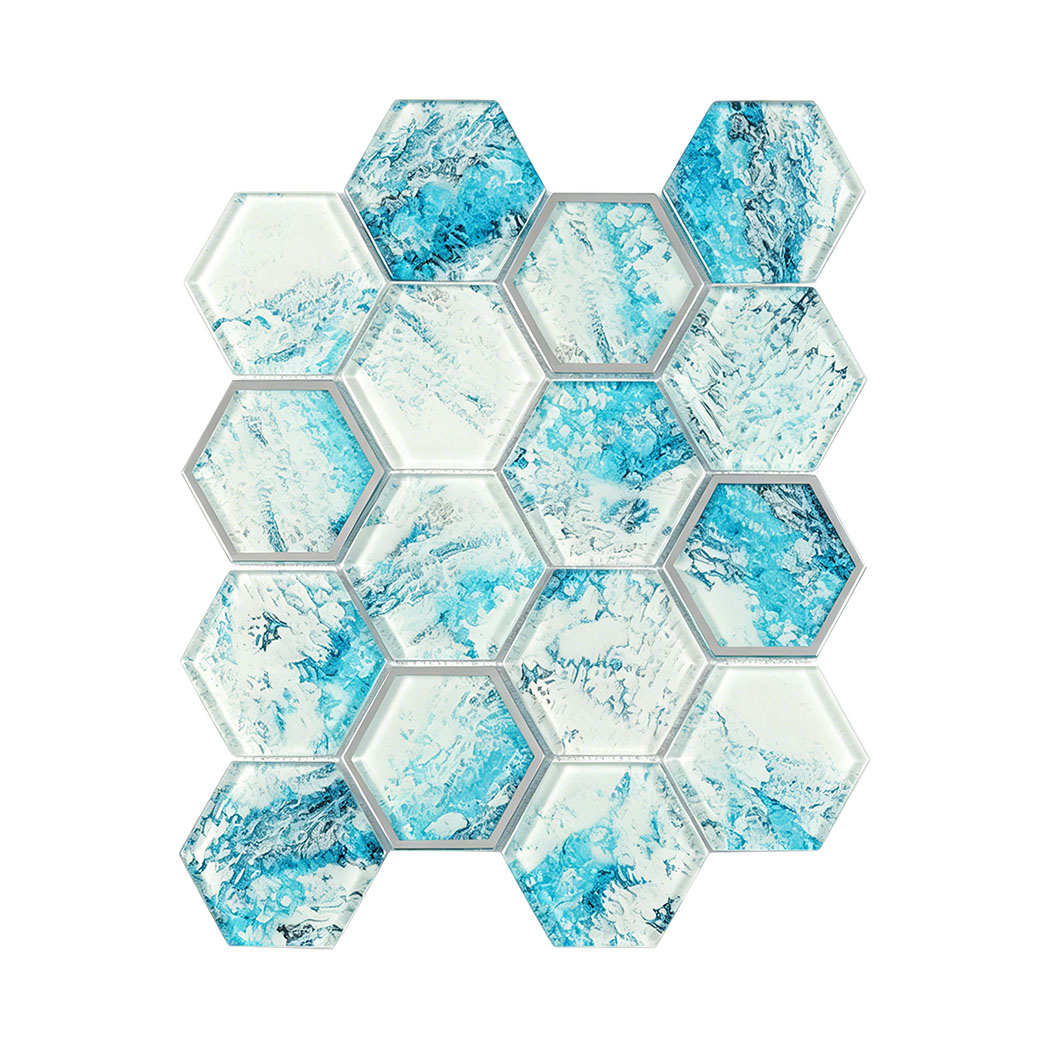Aqua white marble effect hexagon glass mosaic with beveled glass edges