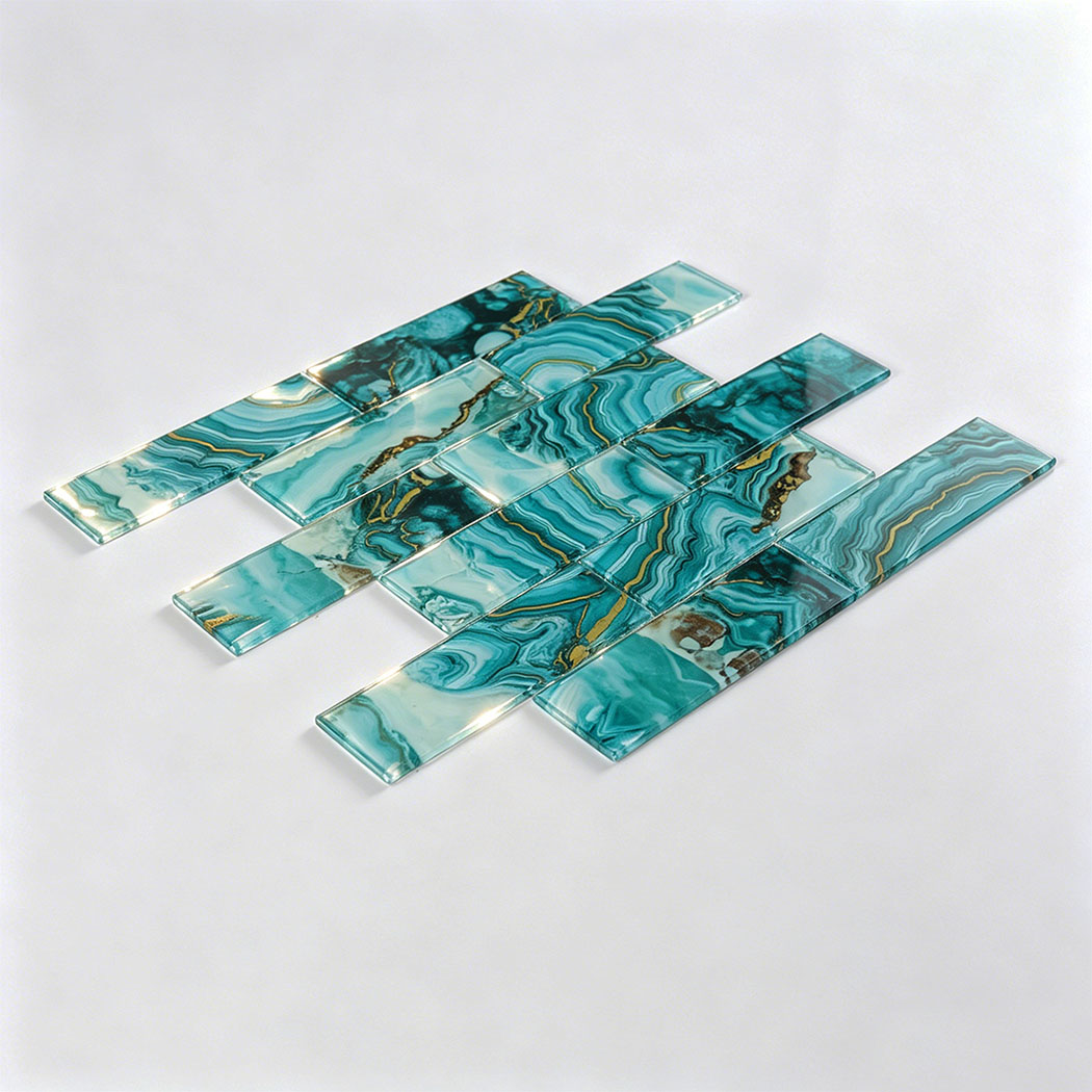 Teal turquoise glass subway mosaic sample with glossy agate pattern and gold veins