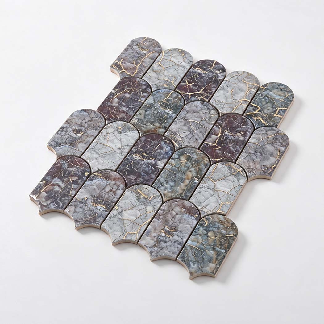 Angled view of arch leaf shape aluminum mosaic tile sheet
