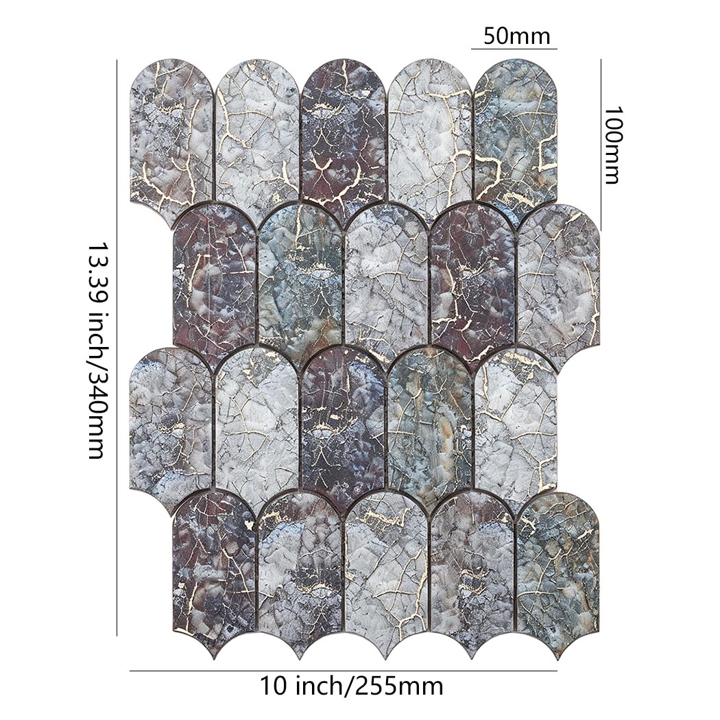 Dimension diagram of arch shape aluminum mosaic tile sheet with gold veins