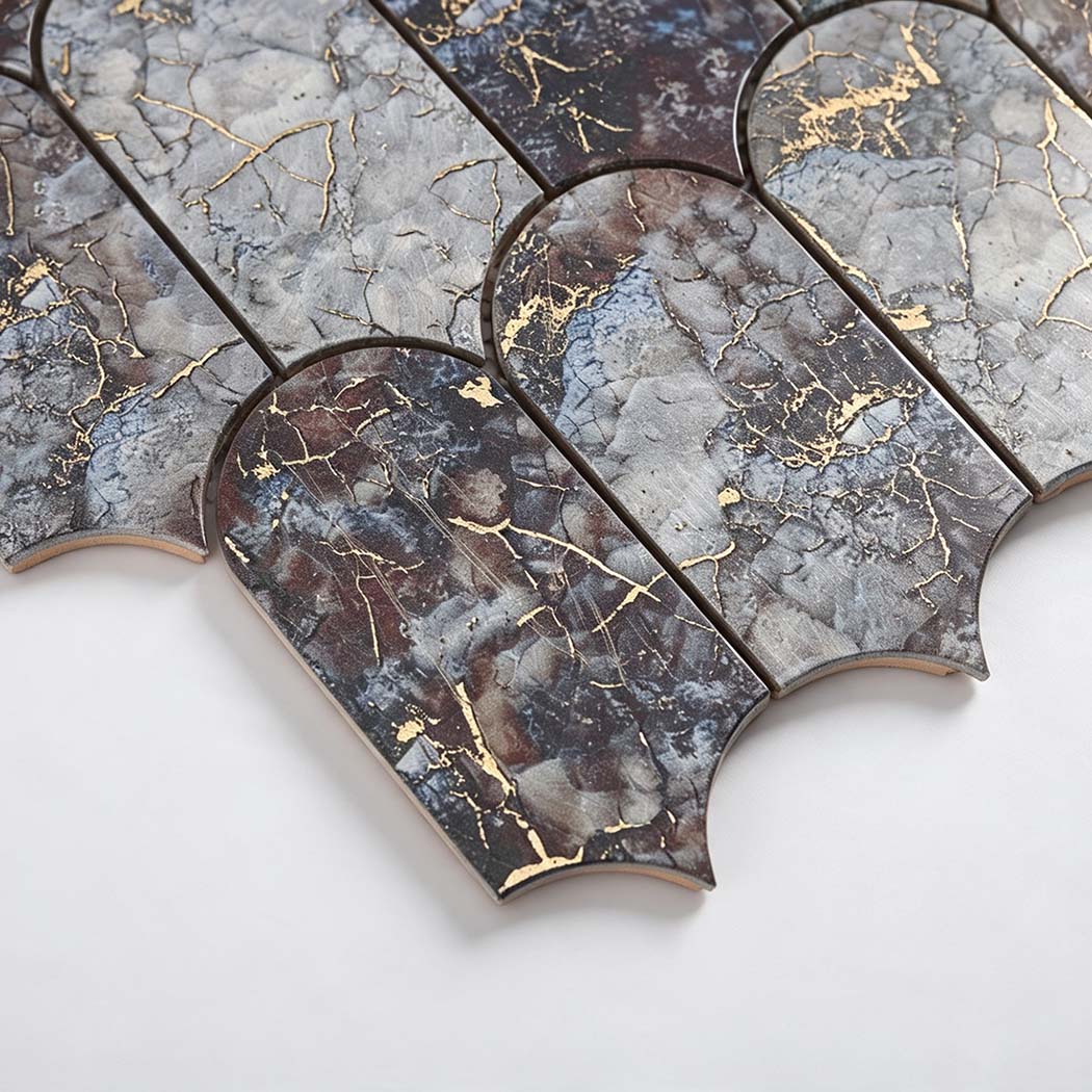 Side edge detail of arch leaf aluminum tile with ceramic base