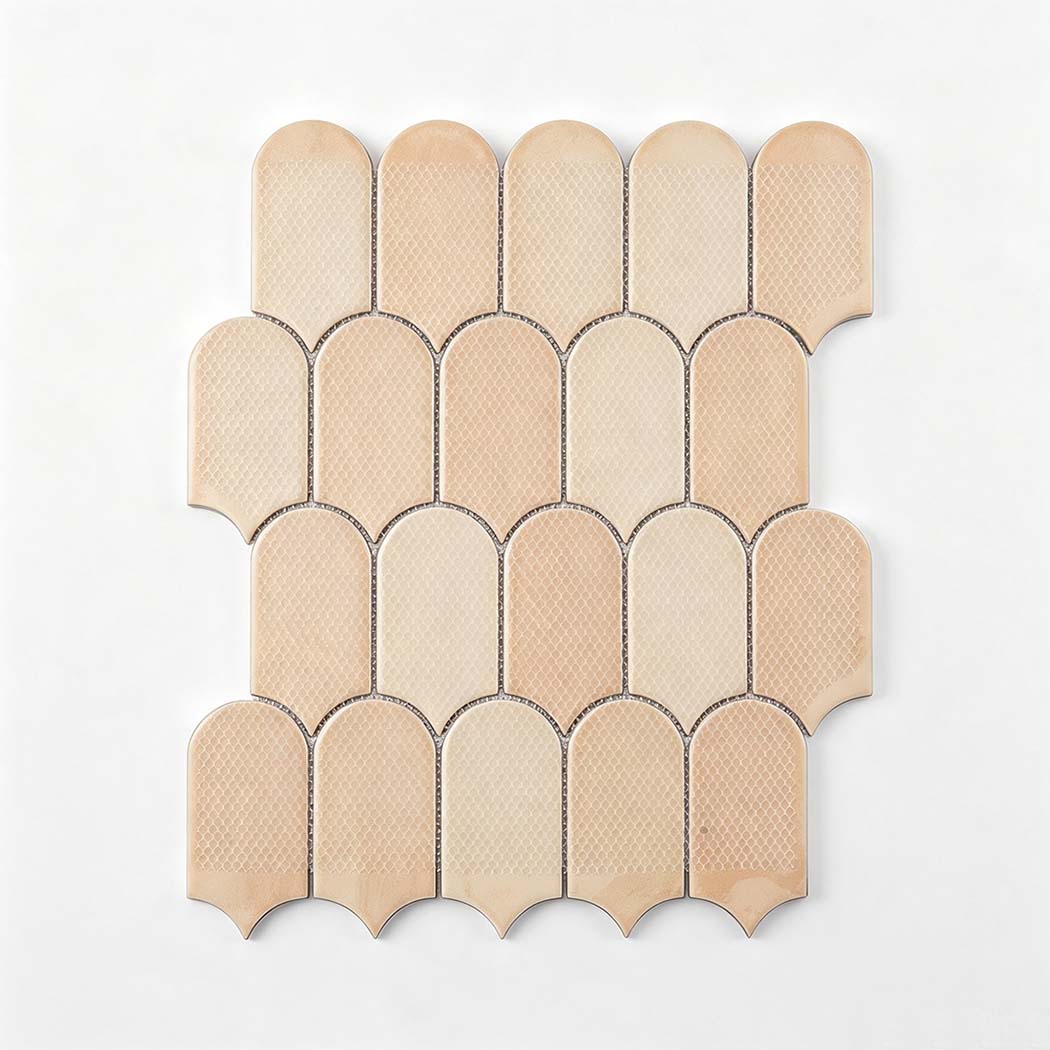 Back view of arch shape aluminum mosaic sheet showing mesh backing