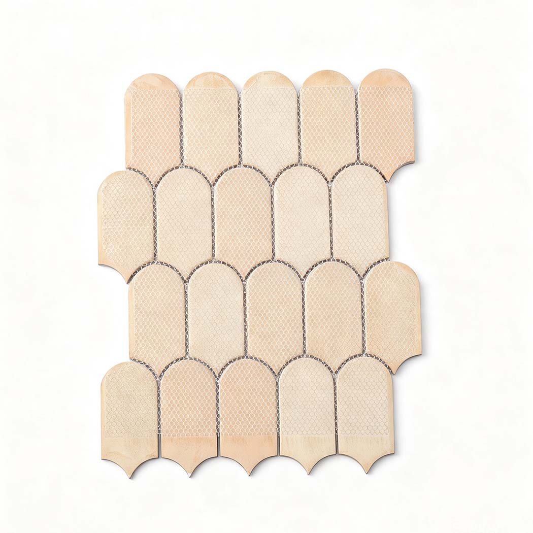 Back view of arch shape aluminum mosaic sheet showing mesh backing