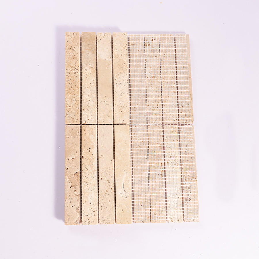 Back mesh support of beige travertine strip mosaic tile sheet