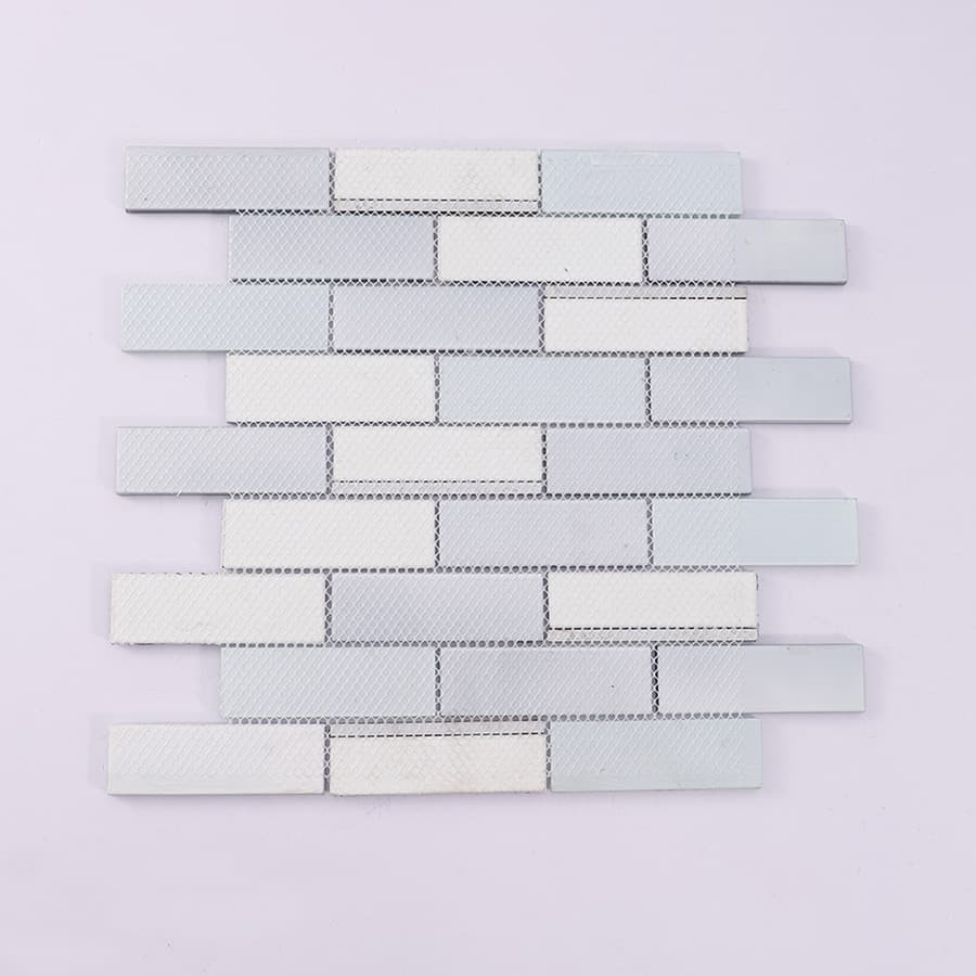 Back view of blue grey gold line subway glass mosaic tile with mesh backing