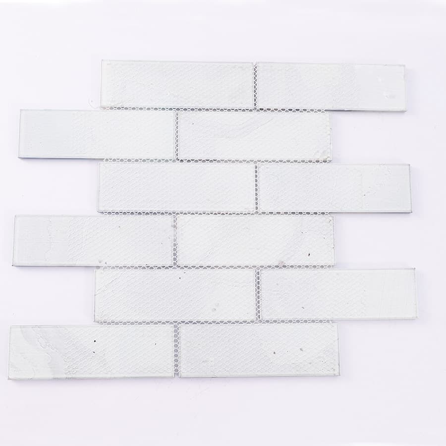 Back view of blue grey subway glass mosaic tile with mesh backing