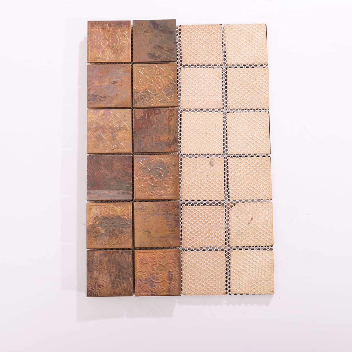 Copper floral mosaic tiles with mesh backing for easy installation