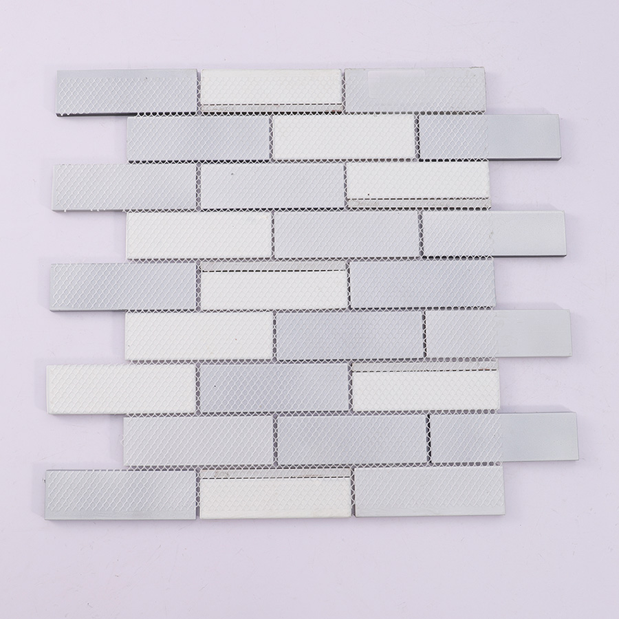 Back view of dark grey bricks subway glass wall tile with mesh backing