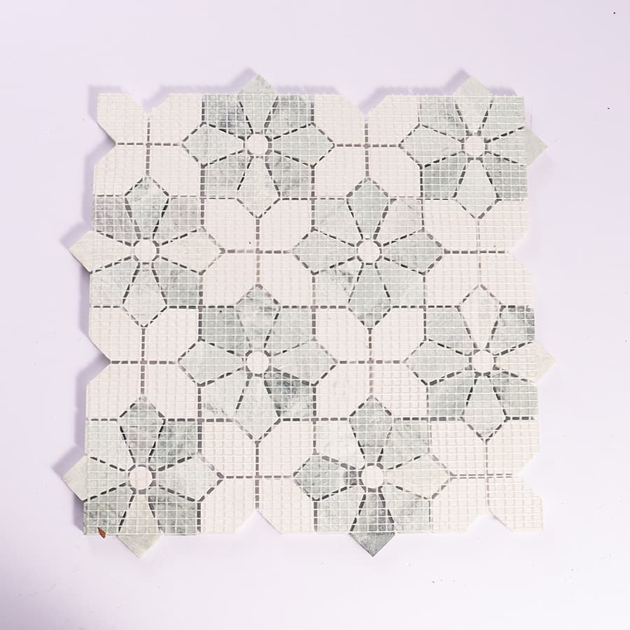 Back mesh support of green flower mosaic tile sheet