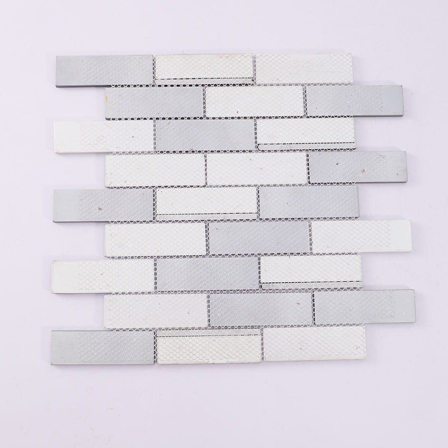 Back view of grey white gold line subway glass mosaic tile with mesh backing