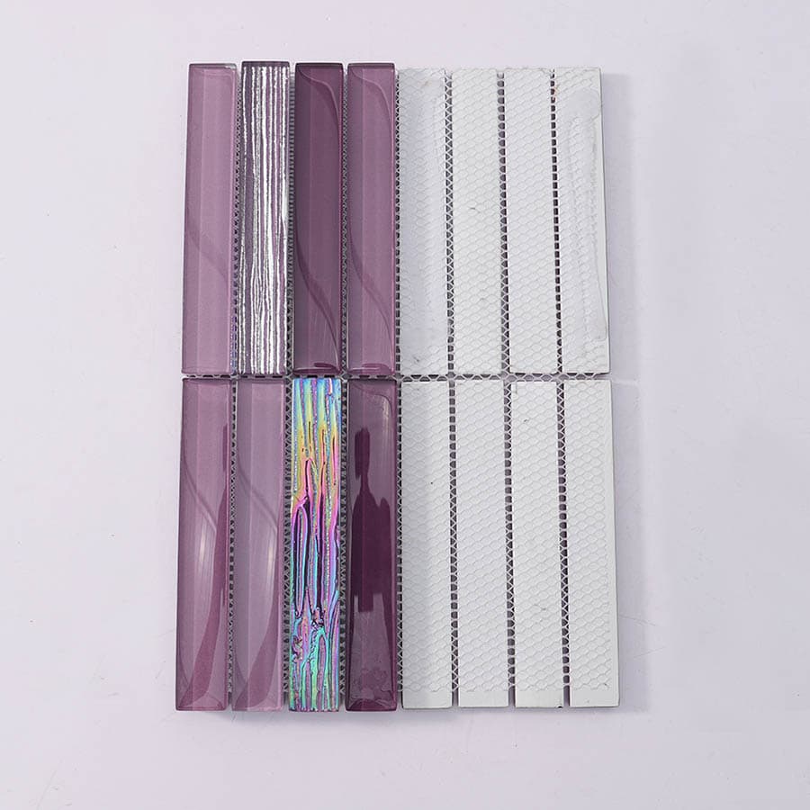 Backside mesh of purple iridescent crystal glass mosaic tile sheet