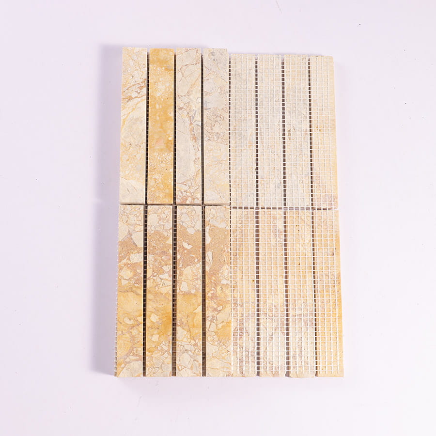 Back mesh support of yellow marble strip mosaic tile sheet