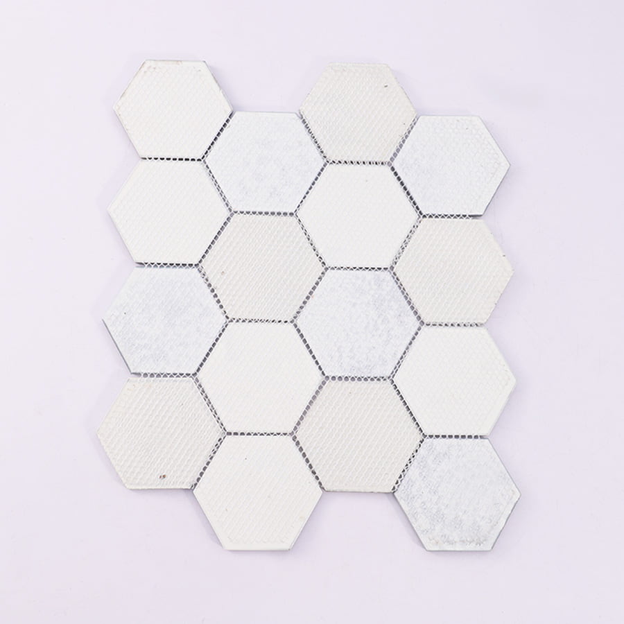 Back side of hexagon glass mosaic tile sheet with mesh backing