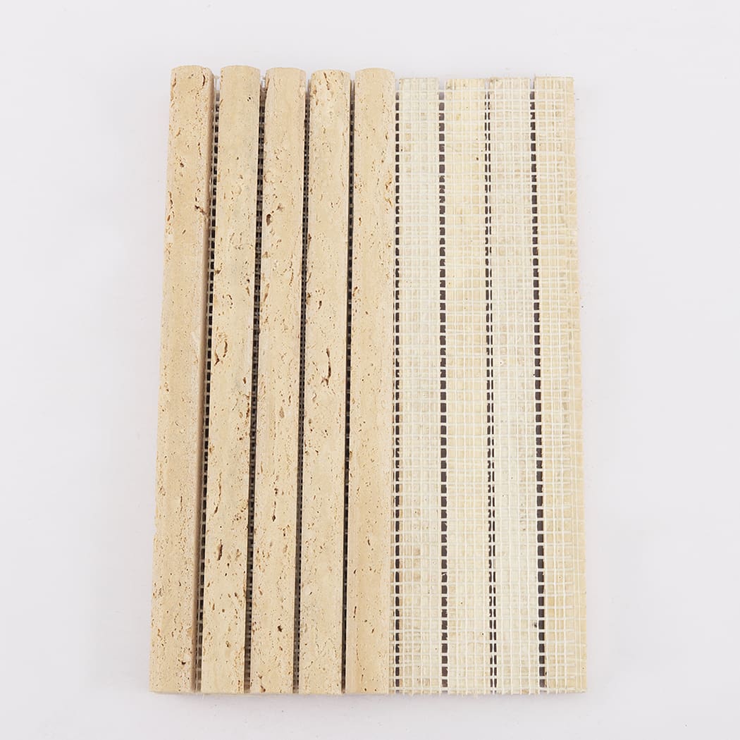 Rear view of the travertine mosaic tile showing the white mesh backing for installation.