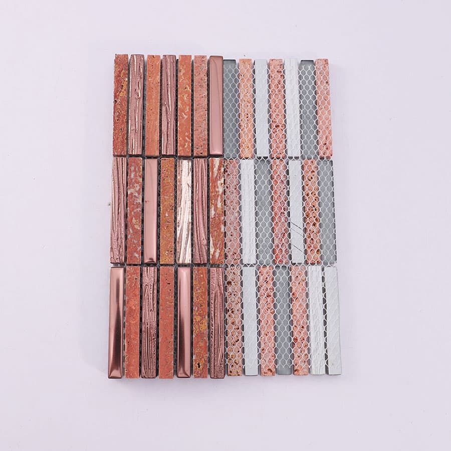 Back side of red brown mosaic tile sheet with mesh backing