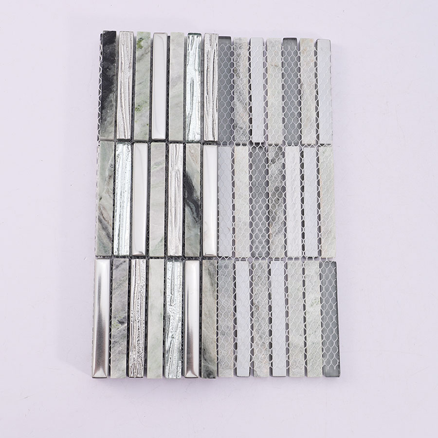 Back side of silver glass and green marble mosaic tile with mesh backing