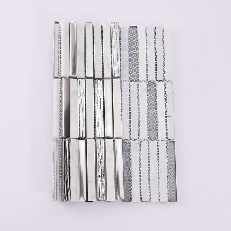 Back side of silver glass and white marble mosaic tile with mesh backing
