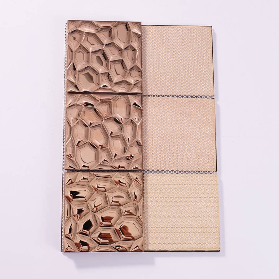 Backside of rose gold stainless steel mosaic sheet with mesh backing