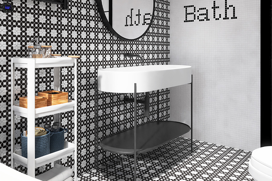 Stylish bathroom featuring basketweave tile pattern on walls and floor around modern vanity.