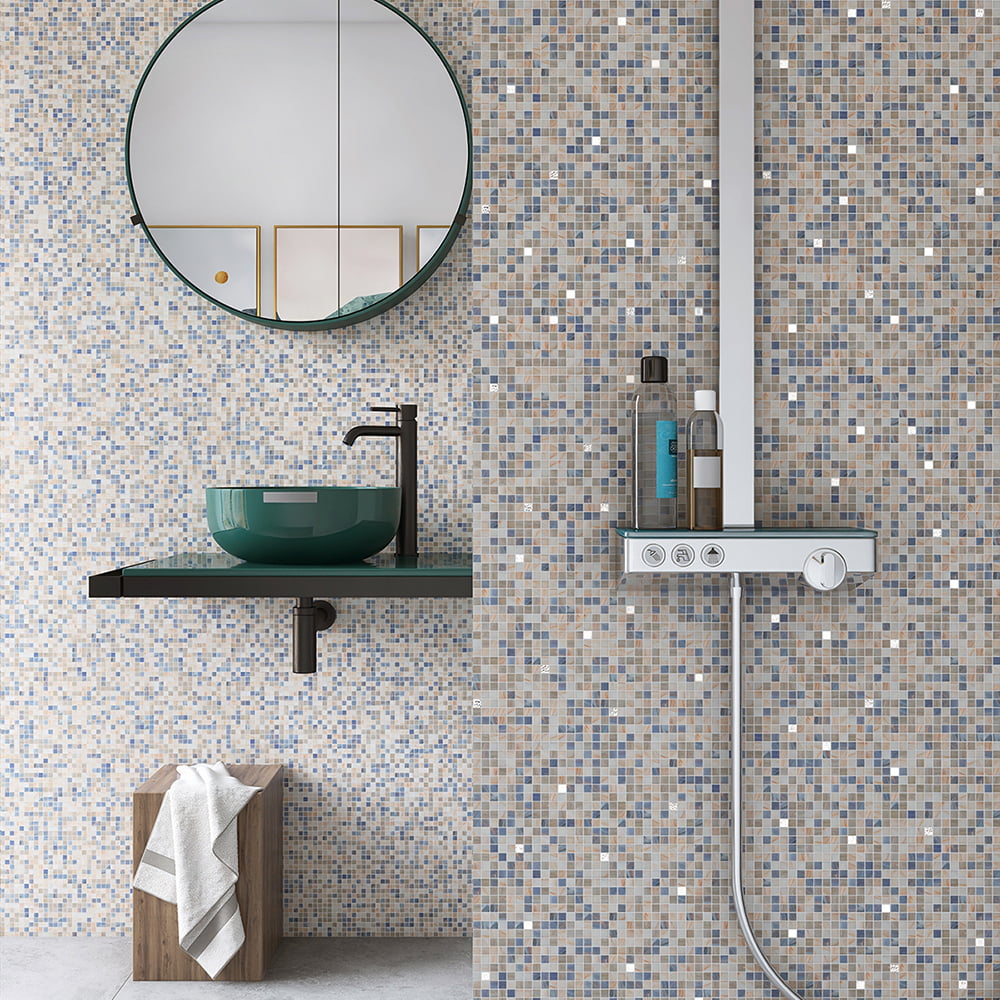Light Blue and Beige Tiny Glass Mosaic Bathroom Wall Tile