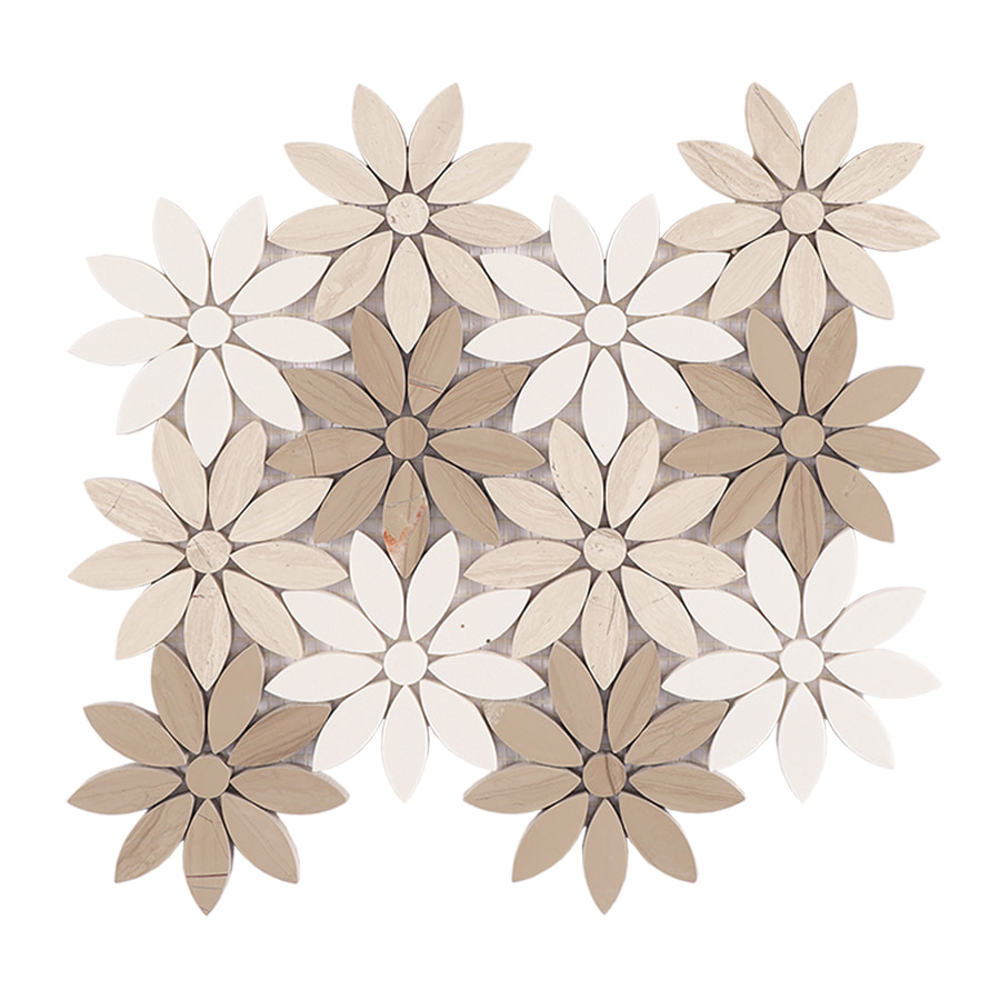 Front view of beige and white marble flower mosaic tile sheet.