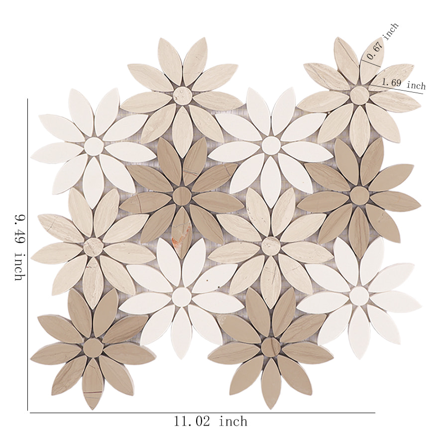 Floral marble mosaic tile in beige and white with size measurements shown.