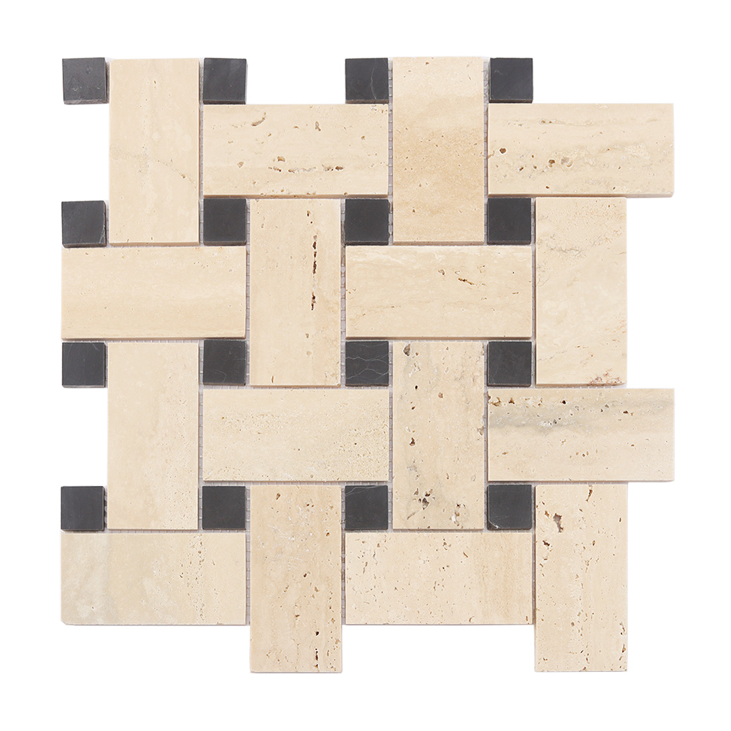 Full sheet of beige basketweave marble mosaic tile with black dot inserts