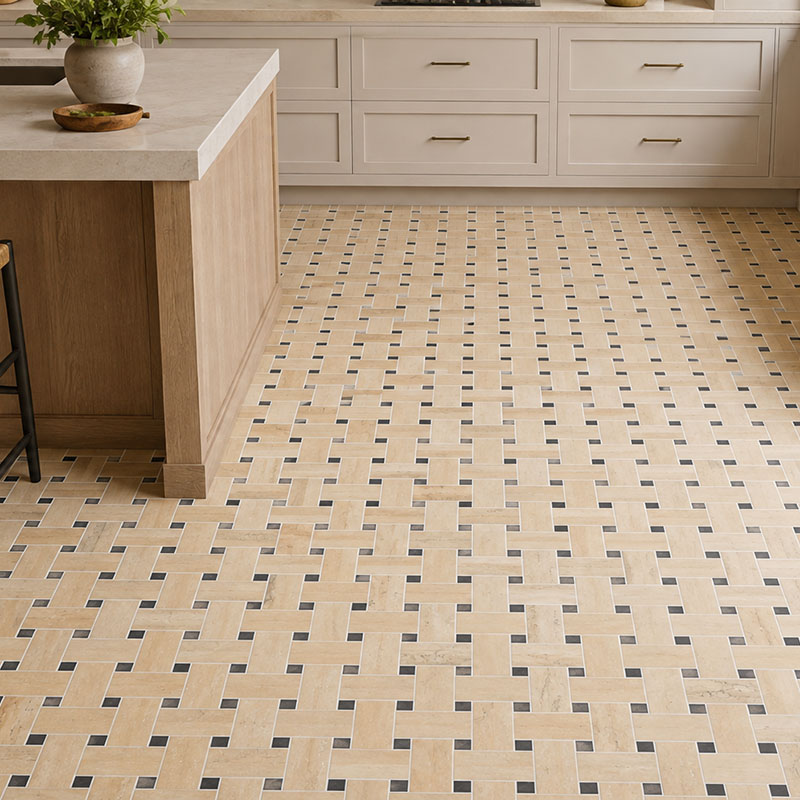 Beige basketweave travertine kitchen floor with black square accents