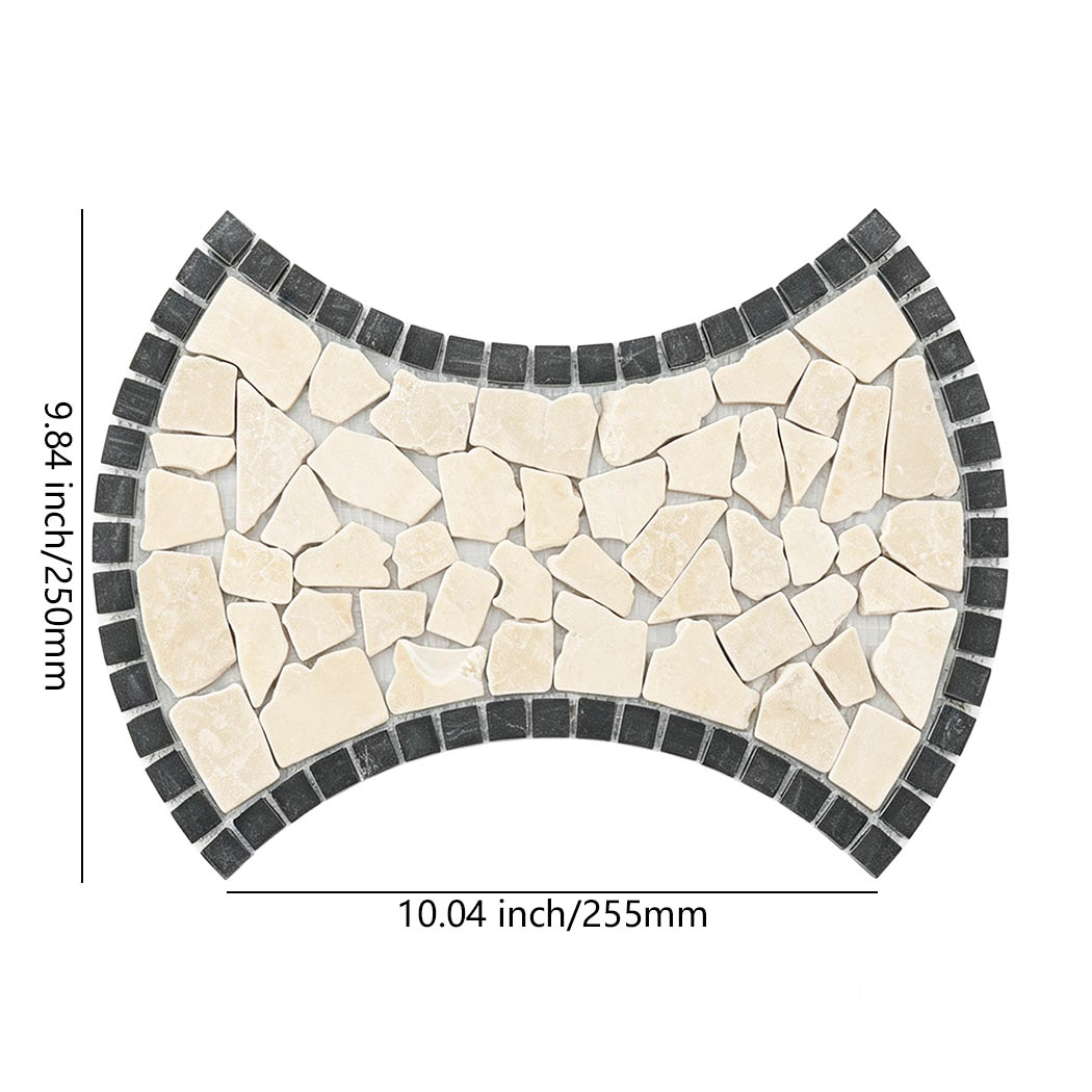 Beige marble pebble mosaic tile with black border and 10.04 by 9.84 inch dimensions