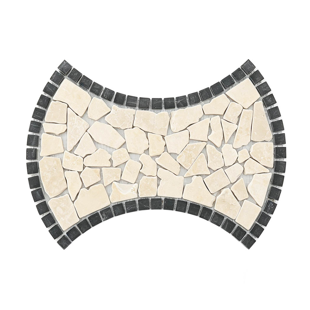 Bow tie shaped beige marble pebble mosaic tile with a dark charcoal border