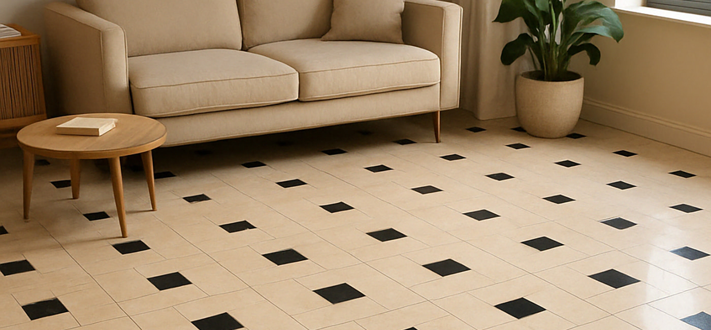 Beige and black checkered marble tile floor in a living room with a neutral sofa and potted plant