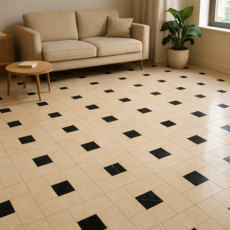 Beige and black checkered marble tile floor in a modern living room