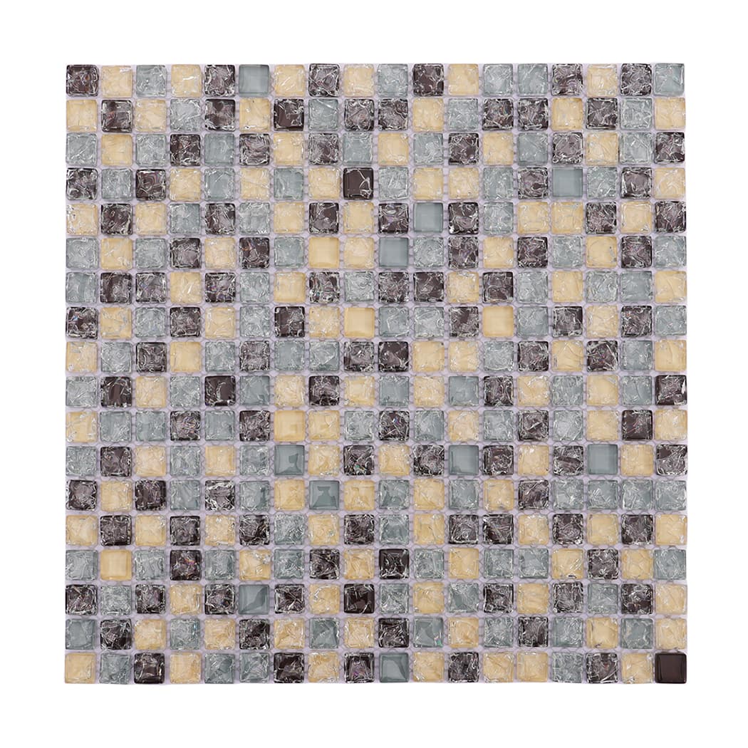 Full sheet of beige brown aqua mixed glass mosaic tile