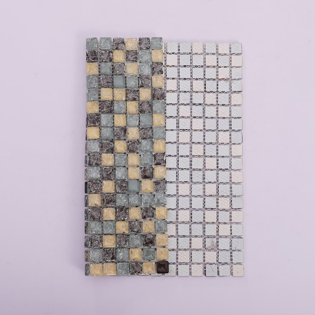 Beige brown aqua mixed glass mosaic tile with mesh backing view