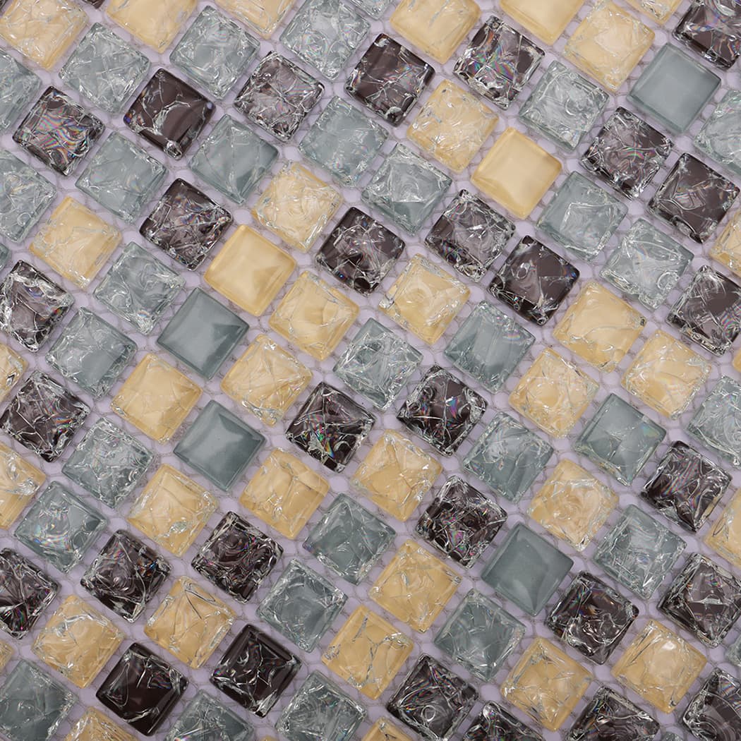 Close-up of beige brown aqua mixed glass mosaic tile pattern