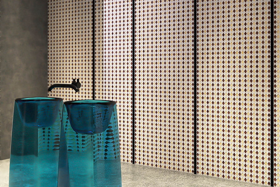 Elegant diamond glass tile wall decor in beige and brown tones