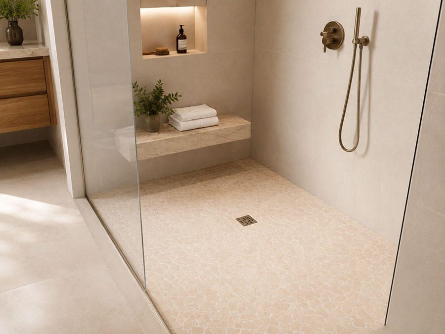 Beige cracked marble shower floor tiles in a warm modern bathroom design