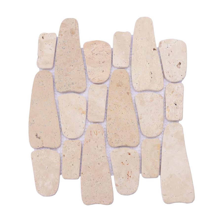 Front view of beige flat pebble mosaic tile sheet